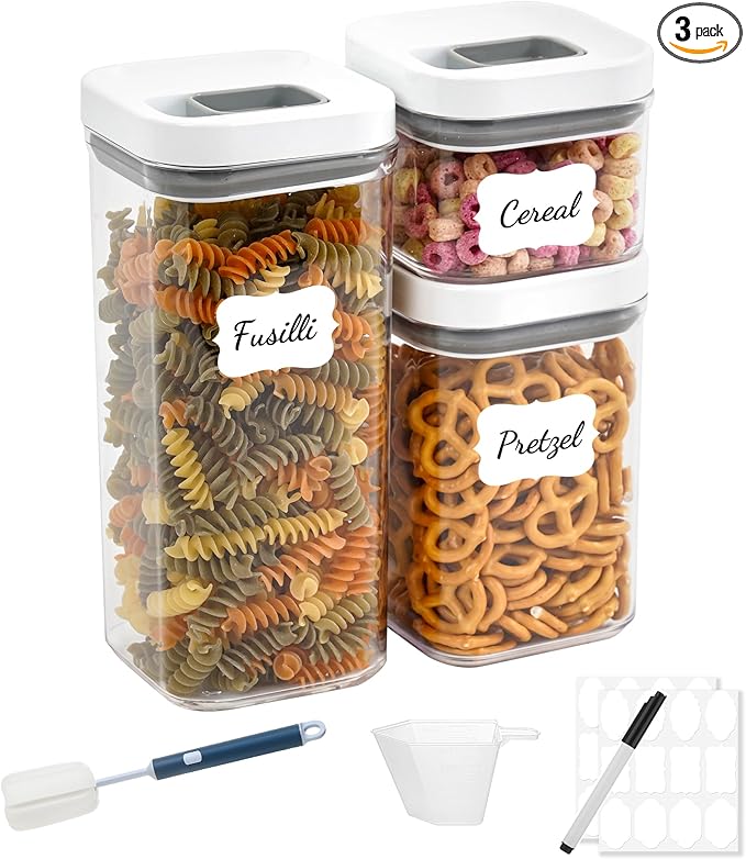 LISI 3 Pack One-Touch Seal Food Storage Containers with Lids, Airtight Stackable BPA-Free Plastic Pantry Canisters for Kitchen Organization, Includes Labels, Marker, Cups & Brush