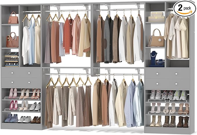 10FT Closet System with 4 Drawers, 120" Closet Organizer System with 6 Hanging Robs & Reversible Hanging Shelving, Closet Systems for Walk-in Closets, Load 2000+LBS, Morandi Grey 2 Pack