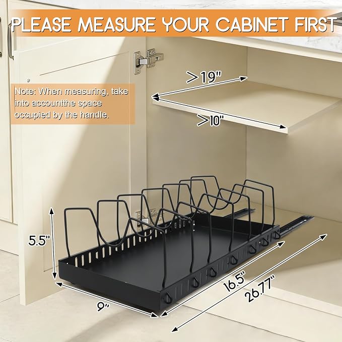 XIAPIA 2 Pack Pull Out Pots and Pans Organizer Under Kitchen Cabinet | Pot Lid Organizer, Slide Out Cookware Storage Rack with 8 Adjustable Dividers, Pull Out Shelves for Dishware Seasoning, Black