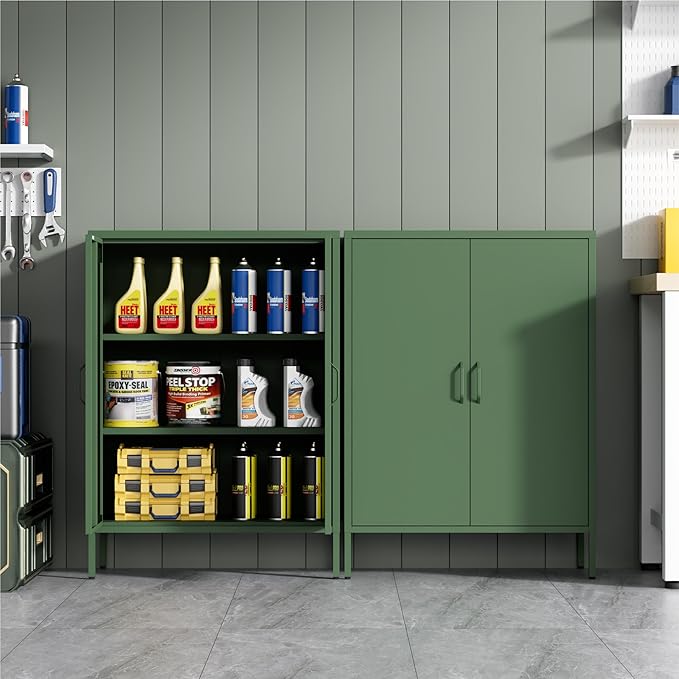Washsemba Metal Storage Cabinet with Doors and Shelves,Multipurpose Storage Rack, 3-Tier Shelf,Metal Locker Style Accent Cabinet for Home Office,Living Room,Kitchen (Forest Green, 40''H)