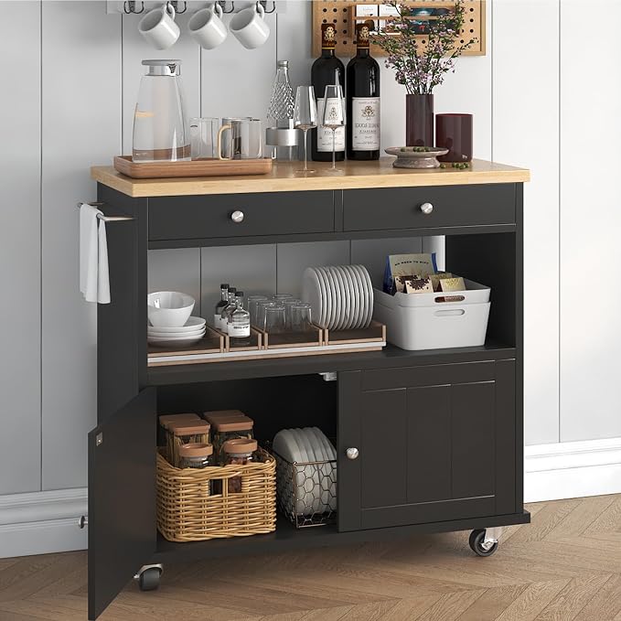 knoworld Rolling Kitchen Island with Storage Cabinet, 35.4'' Width Kitchen Cart, 2 Drawers Island Table, Portable Mobile Kitchen Island with Towel Rack, Wood Top and Lockable Wheels, Black