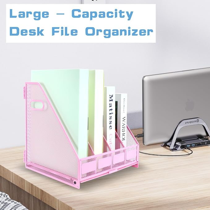 Desk Organizers Metal Magazine File Holder Racks Desktop Folder Storage Binder Organiser Document Organization for Home Office & Classroom,4 Vertical Compartments-Pink