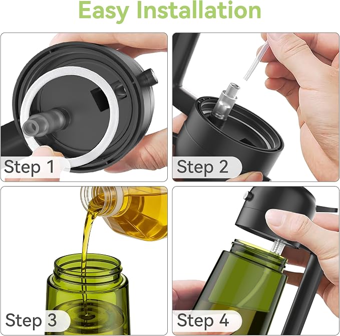 USLAI Oil Sprayer for Cooking, 16oz/470ml 2 in 1 Glass Olive Oil Dispenser Bottle for Kitchen, Air Fryer, BBQ and Salad - Black Black