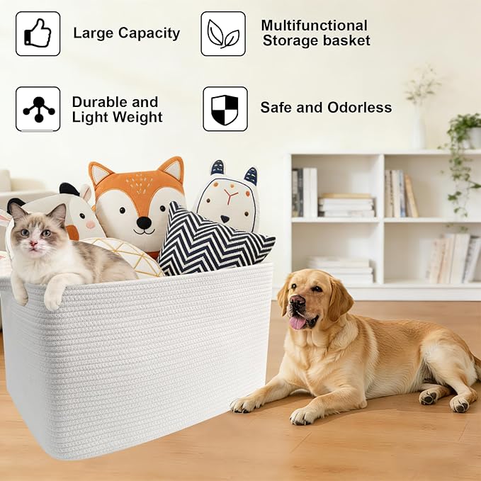 96L XXXLarge Woven Laundry Basket with Sturdy Handles - White | 24x16x15 Foldable Rectangular Blanket Basket for Toys, Clothes & Pillows,Ideal for Nursery, Bathroom, Bedroom, Living Room