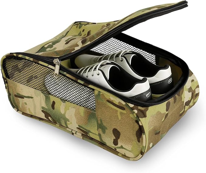 Golf Shoe Bag, Outdoor Zipper Sports Shoe Strap Bag with Air Mesh Ventilation, Durable Waterproof Golf Shoe Carry Bags with Sturdy Handle for Gym, Soccer, Running & Suitcase Packing(Green Camouflage)
