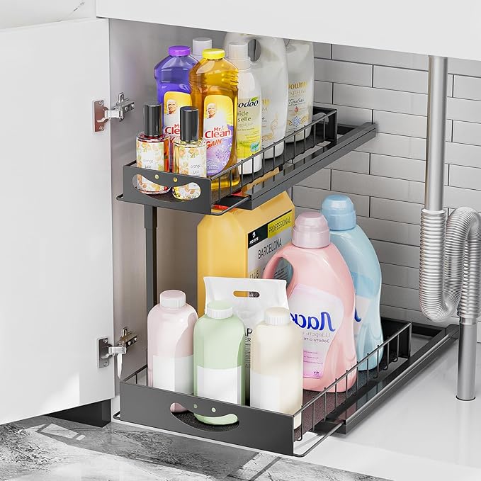 JAQ Under Kitchen Sink Organizer, 2 Tier Metal Slide Out Under Cabinet Storage Shelves Rack for Kitchen Bathroom Pantry Lanudry, Attractive emoji Smile Handle (Black, 1 Pack)