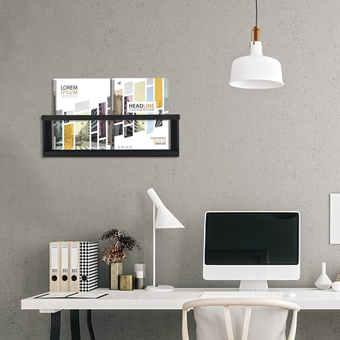 Deveosa Magazine Holder Wall Mounted - Black Minimalist Metal File Rack Hanging Brochure Storage Organizer Comic Display For Living Room Bathroom Waiting Room Home Office Decor (19.7 inch)