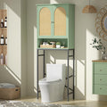 Befrases Rattan Toilet Storage Cabinet, Over the Rack Wood Cabinet with Metal Stand, Bathroom Organizer with Adjustable Shelf, Space Saving Cupboard for Small Bathrooms, Washer Shelf, Green