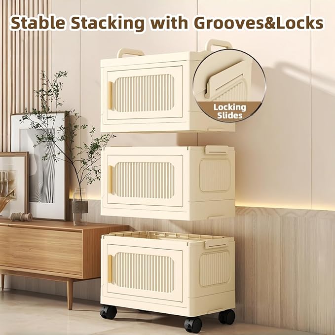 5-Tier Foldable Storage Cabinet with Wheels & Magnetic Doors, Heavy-Duty 23 QT Stackable Storage Bin Organizer, Rolling Cart for Kitchen, Pantry, Dorm