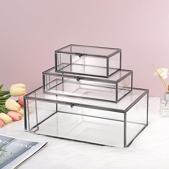 Hipiwe Vintage Glass Box with Lid Jewelry Display Case Vanity Lidded Box | Rectangle Glass Boxes Organizer Black Home Decor Accent Decorative Boxes for Keepsakes Trinket Rings,X-Large