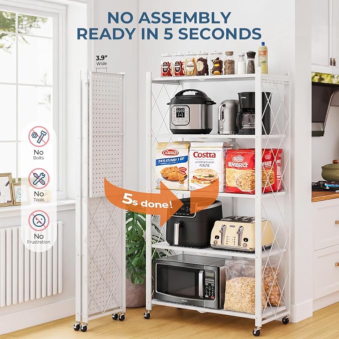 Upgraded 18% Thickened Portable 5-Tier Foldable Storage Shelves with Wheels Heavy Duty Storage Shelf Collapsible Shelves Unit Display for Garage Storage Kitchen Pantry & Closet Organizer