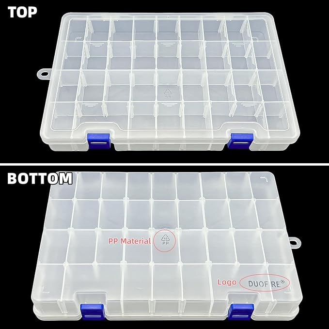 DUOFIRE Plastic Organizer Container Storage Box Adjustable Divider Removable Grid Compartment for Jewelry Beads Earring Container Tool Fishing Hook Small Accessories(34 Grids, White X 4)