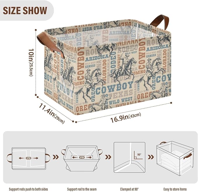 Western Cowboy Horses Retro Vintage 70s 80s Storage Bins for Shelves with Labels&Handles Fabric Organizer Bin Foldable Rectangle Storage Basket Boxes for Closet, Bathroom, Home, Living Room, 2 PC