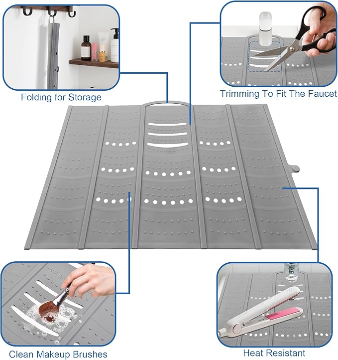 Mofason Large Bathroom Sink Makeup Mat Space Saver,Silicone Makeup Organizer Cover for Over Countertop,Small Bathroom Must Haves Accessories Rv Camper Travel Foldable Gadgets-Grey.