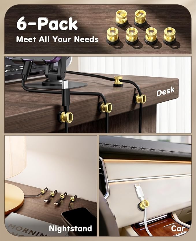 Maveek Magnetic Cord Clips 6 Pack, Wire Organizer Metal Cable Clips Adhesive Cable Management For USB Charging Cords, Desk Office Car Dash Cam Nightstand (Premium Gold Edition)
