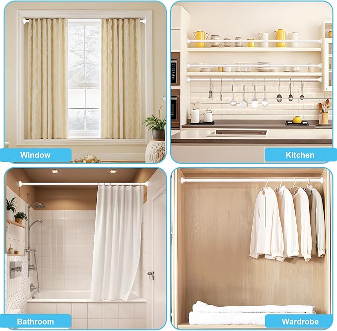 Tension Curtain Rod 30 To 63 Inch White Tension Rods Adjustable Spring Loaded Curtain Rods 7/8" Curtains Rods No Drilling Tension Rods For Windows Bedroom Closet Doorway Door