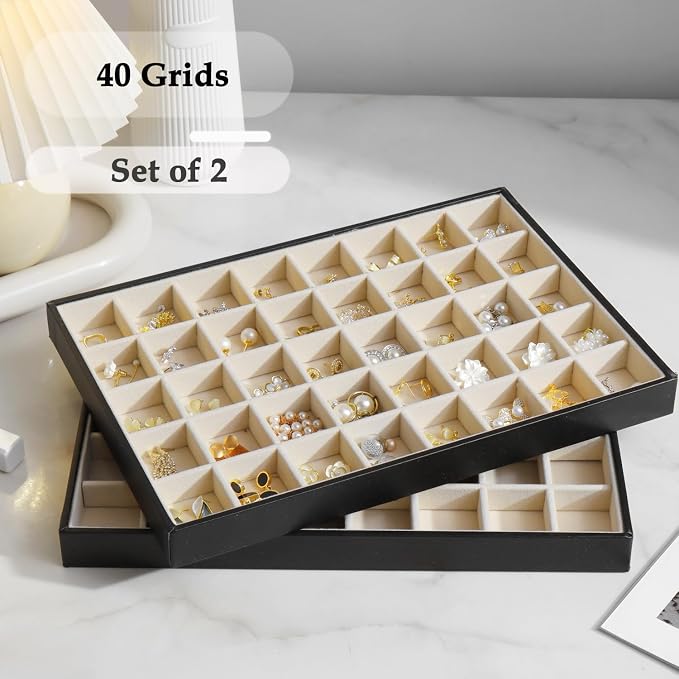 Large Jewelry Organizer Tray 2 Pack, Stackable Jewelry Storage Holder for Drawer Inserts, PU Leather Velvet Jewellery Display Case for Earring Bracelet Necklace Ring (Black Beige, 40 Grids)