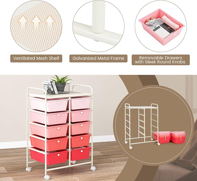 RELAX4LIFE Rolling Storage Cart with 10 Drawers - Craft Storage Cart with Lockable Wheels,Utility Cart, Art Cart Organizer for Crafting Storage, Studio, Office, Home, School Rolling Drawer Cart