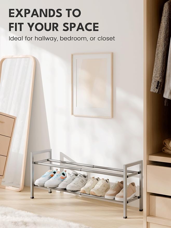 Bumusty 2 Tier Expandable Shoe Rack for Closet, 18“-33” Adjustable Shoe Rack for Small Space, Small Shoe Organizer for Front Door, Sturdy Metal, Light Grey