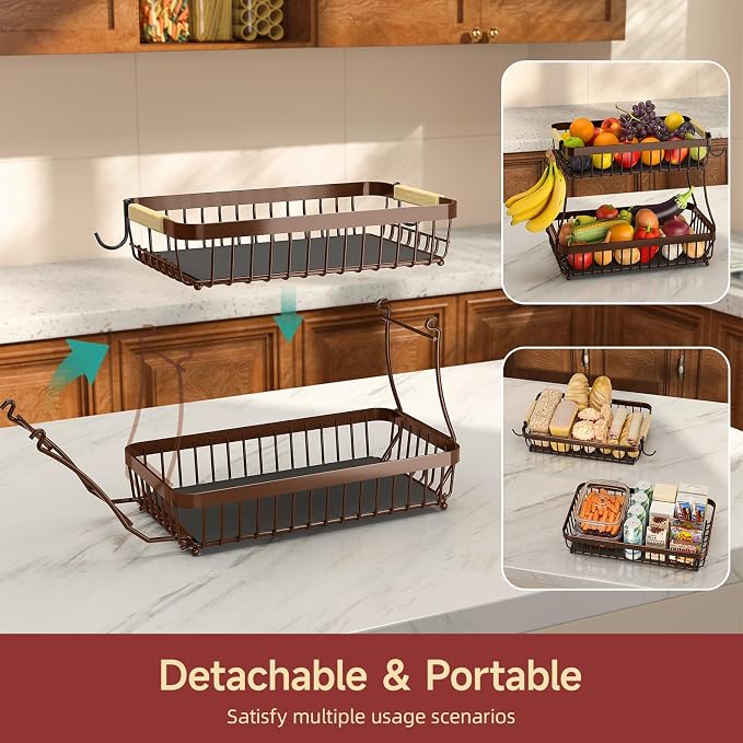 Sevenblue 2-Tier Fruit Basket with Banana Hangers, Detachable Metal Bowl | Wooden handle, protective mats included. Versatile holder for bread, snacks, and veggies. Extra Large 2 tier metal design.