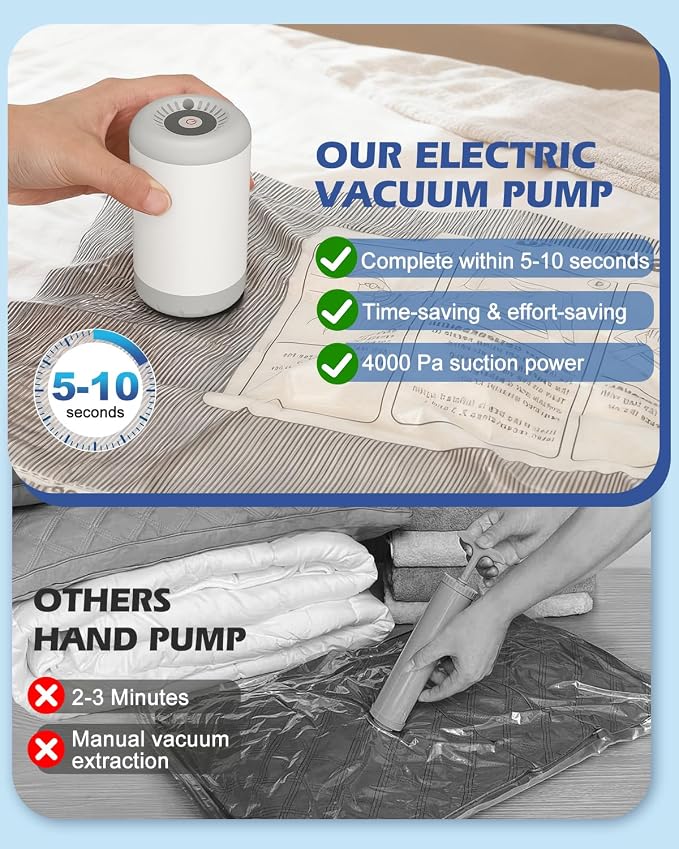 Fantictas Travel Vacuum Storage Bags with Rechargeable Air Pump, 10 Pack Portable Space Saver Bags, Compression Bags for Clothing, Bedding, Seasonal Storage & Packing Bags for Moving