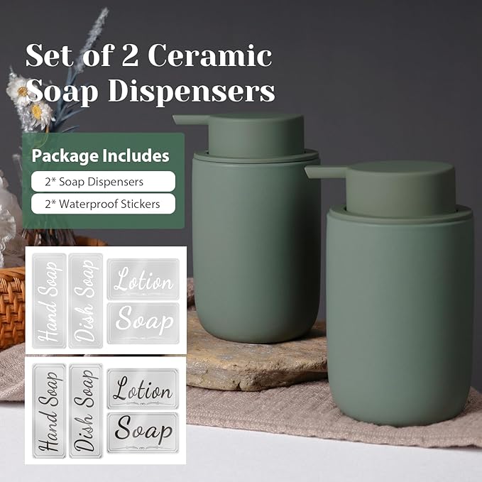 INGOFIN Ceramic Foaming Soap Dispenser Set, 2 Pack (12 oz) Bathroom Foam Hand Soap Dispenser with Pump, Hand and Dish Dispenser Set with 8 Pcs Clear Stickers,for Kitchen- Matte Green