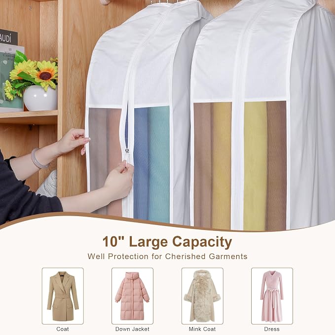 50" Premium Cotton Garment Bag for Hanging Clothes, Breathable Suit Bags for Closet Storage with Extre Large 10" Gusseted & Clear Window, Dust Cover with Zipper for Suits, Coats, 3 Pack