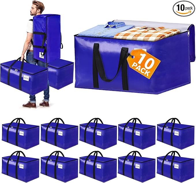 FabSpace 10-Pack Moving Bags with Backpack Straps & Carry Handles, 30 Gallons-125 L Heavy Duty Storage Totes for Space Saving, Foldable Storage Bags for College Dorm, Travel, Camping (Blue)