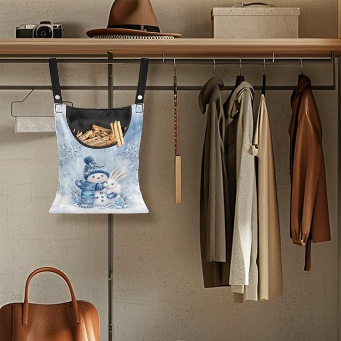Winter Snowman Adjustable Door-Hanging Laundry Clothespin Bag Bunny Clothespin Storage Bags Laundry Clothespins Bag, Hanging Storage Organizer with Hanging Rope for Home Outdoor