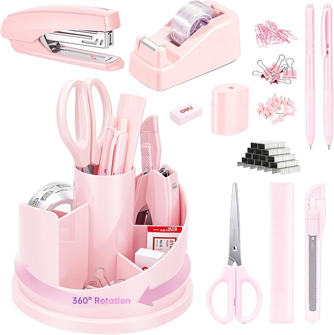 deli Office Supplies Set, Pink Desk Accessory Organizer Kit, Stapler Set, Rotating Multi-Functional Pen Holder, Tape Dispenser, Pens, Binder Clips, Sharpener, Scissor, Eraser, Pink Office Supplies