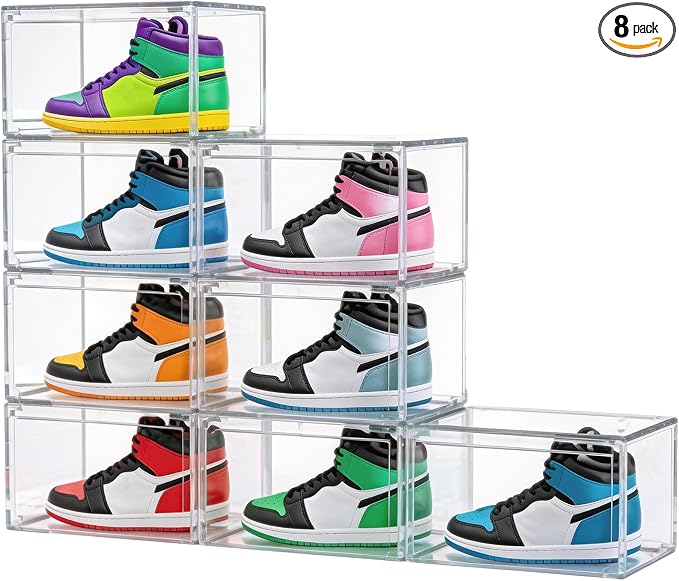 HIYOHIYO 8 Pack Clear Shoe Box Organizer, Large Capacity Fit US Size 14 | Stackable, With Magnetic Door, Thicken Sturdy, Easy Assembly Transparent Display Case, For Sneaker, Ankle Boots, High Heels