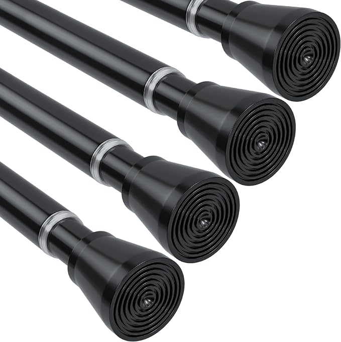 MEXAU 4 Pack Black Tension Rod 28 To 48 Inch Adjustable Spring Tension Curtain Rods No Drilling Short Curtain Rod Extendable Small Spring Tension Rod for Closet Cupboard Bars Refrigerator
