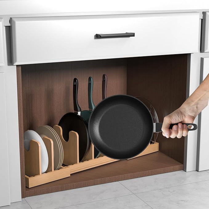 Pots and Pans Organizer Under Cabinet,Bamboo Pot Lid Organizer | Expandable Pan Organizer, Pot and Pan Organizer Rack for Kitchen Countertop or inside Cabinet