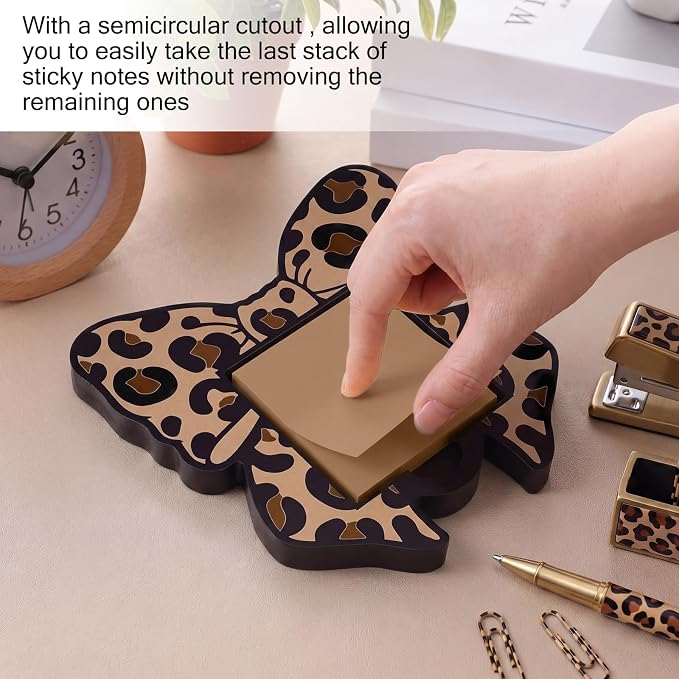 Leopard Bow Sticky Note Holder Large Wood Notepad Dispenser 3 x 3 Sticky Notes Organizer Cute Self Stick Memo Pad Holder for Desk Office Back to School Gift, No Pads Included