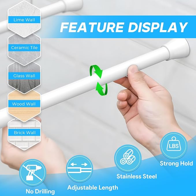 Tension Rod 16 to 26 Inch Adjustable Curtain Rod No Drilling White Tension Curtain Rod Spring Tension Curtain Rod for Bookshelf Diy Projects Kitchen Cupboard Bathroom Wardrobe 1PCS