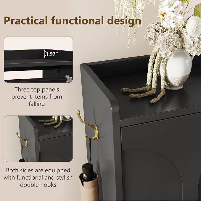 iPormis Shoe Cabinet with 2 Flip Drawers, Slim Shoe Storage Cabinet for Entryway, Narrow Shoe Organizer with Top Shelf, Side Hooks and Metal Legs, Hidden Shoe Rack for Hallway, Black