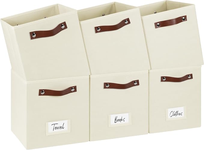FinishingBo 10.5" x 11" Storage Bins with Labels 6 Pack | PU Leather Handles, Foldable Storage Cubes, Storage Baskets, Closet Storage, Beige