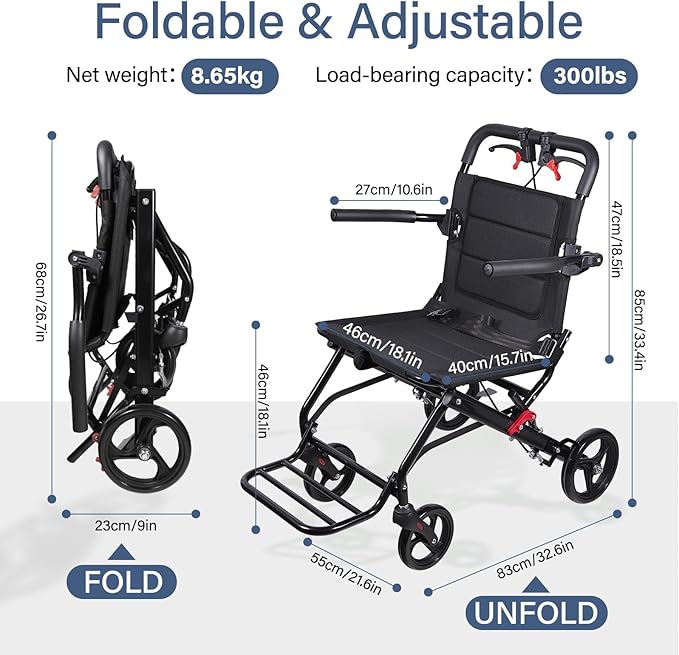 Lightweight Foldable Transport Wheelchair for Adults, 18.1” Extra Wide Seat (Upgraded from 15”), 300 lb Capacity, Easy Folding, Travel-Friendly Design
