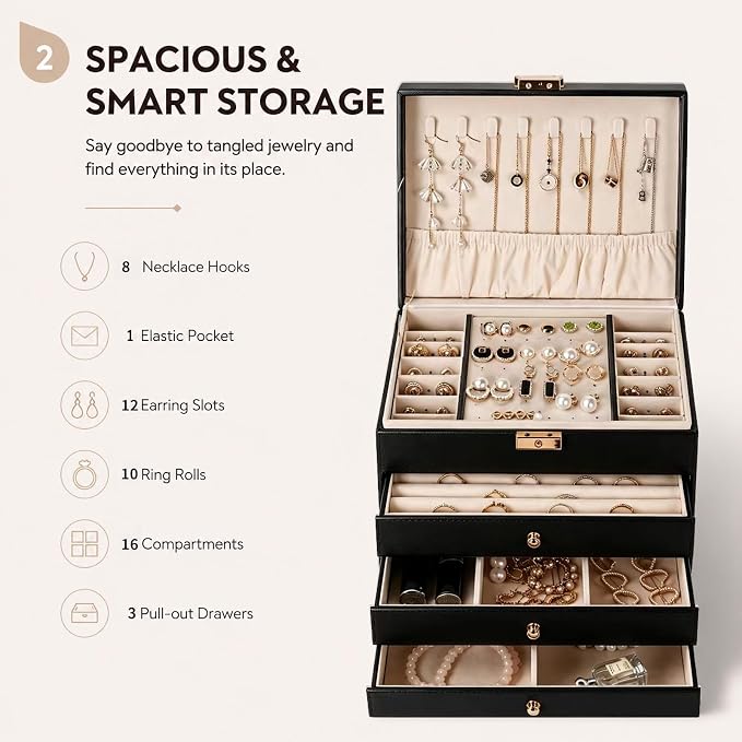 Leather Jewelry Box with Lock for Women, 4-Tier 3-Drawer Large Capacity Organizer, Vanity Storage Case for Earrings Rings Necklaces, Elegant Gift for Her (Balck, 9" L x 6.7" W x 7" H)