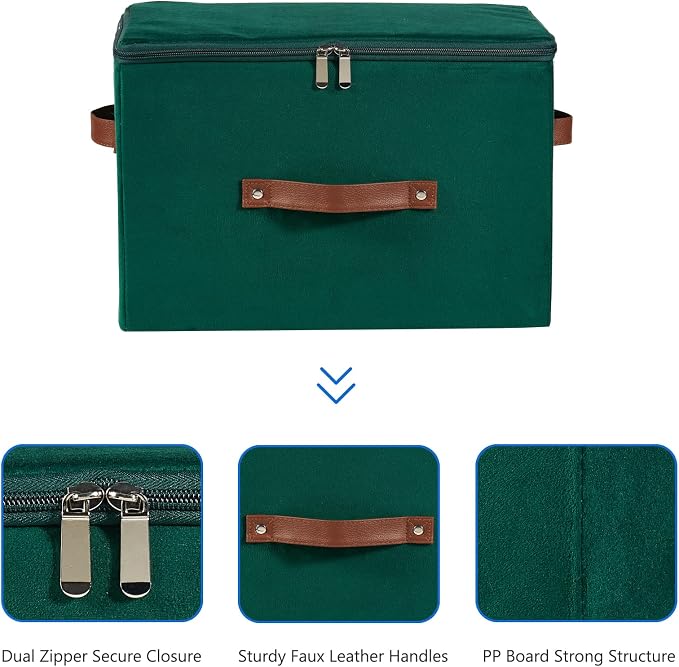 Storage Bins with Zipper Lid Velvet Fabric Storage Boxes Lidded Baskets Foldable Washable Decorative Closet Shelf Clothes Organizer Container with PU Leather Handles (Deep Green, Small)