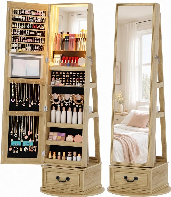 Vlsrka Mirror Jewelry Cabinet Standing with Lights, Lockable, Swivel, Wood | Standing Jewelry Armoire with Full Length Mirror, Large Jewelry Organizer Storage with Foldable Makeup Shelf, 3 LED Lights