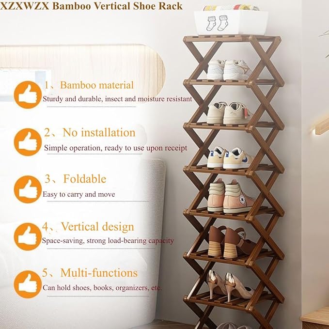 6 Tier Foldable Shoe Rack, Bamboo Vertical Shoe Organizer Tall for Multifunctional Narrow Shoe Shelf for Entryway, Closet, Corner, Bedroom, Hallway(Brown)