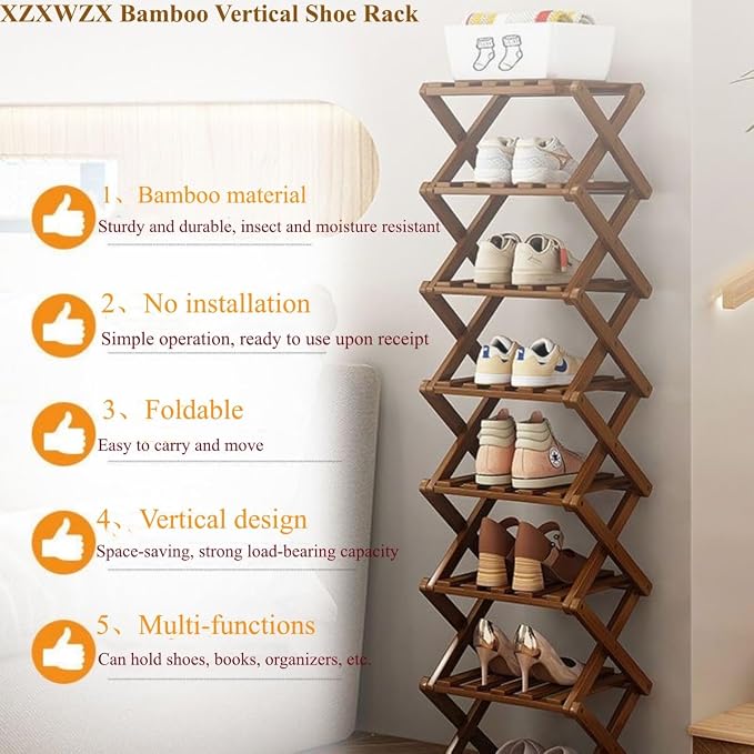 5 Tier Foldable Shoe Rack, Bamboo Vertical Shoe Organizer Tall for Multifunctional Narrow Shoe Shelf for Entryway, Closet, Corner, Bedroom, Hallway(Brown)