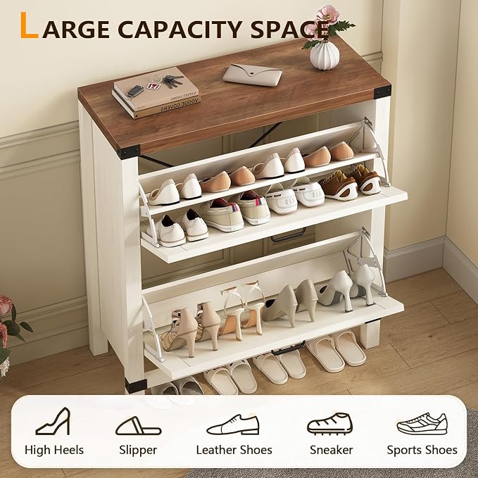 YOMILUVE Shoe Cabinet with 2 Flip Drawers, Farmhouse Shoe Storage Cabinet for Entryway, Slim Shoe Rack Freestanding Shoe Organizer with Barn Door, Brown and White