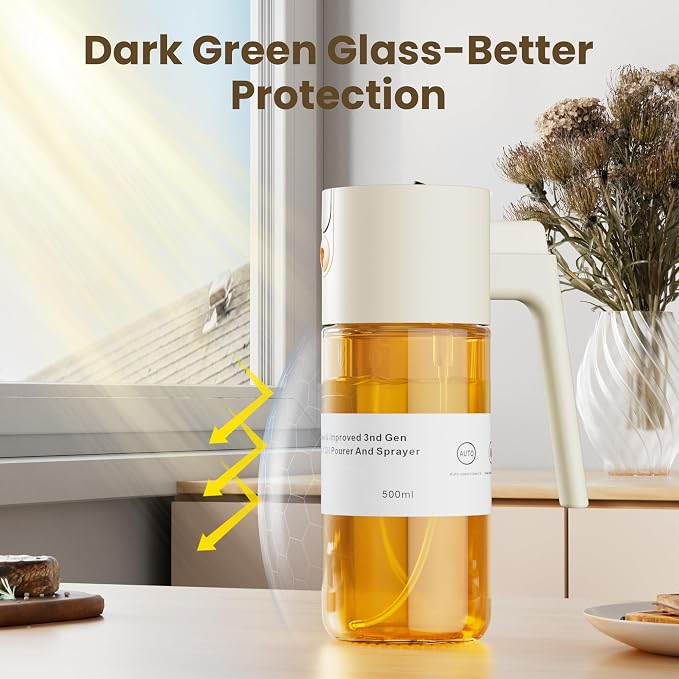 LAKUMIQI 2 in 1 Oil Sprayer & Dispenser, 17 oz Light-Blocking Glass Bottle | Large Capacity, Wide-Mouth for Easy Pouring and Cleaning, Leak-Proof Oil Bottle with Stickers for Salads, Air Fryers, BBQ