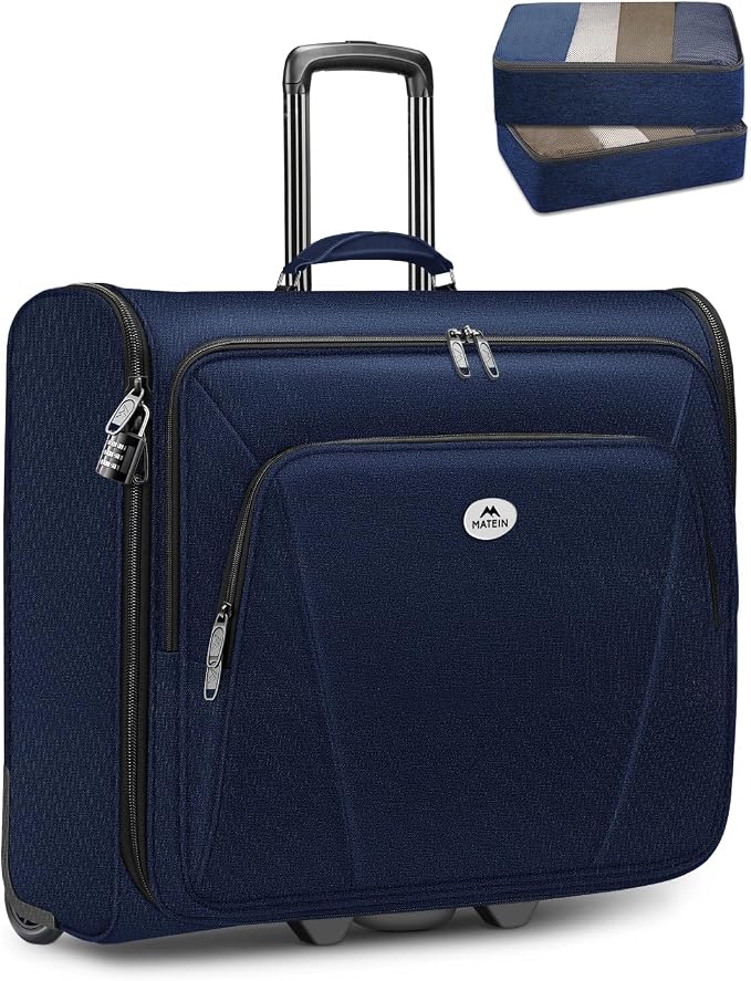 MATEIN Rolling Garment Bags for Travel, Large 2-Wheeled Suit Carrier, Blue | Foldable Travel Suit Bag with Wheels, 2 Packing Cubes, Check-in Suitcase Luggage, For Business Trips, Fits 17.3 Inch Laptop
