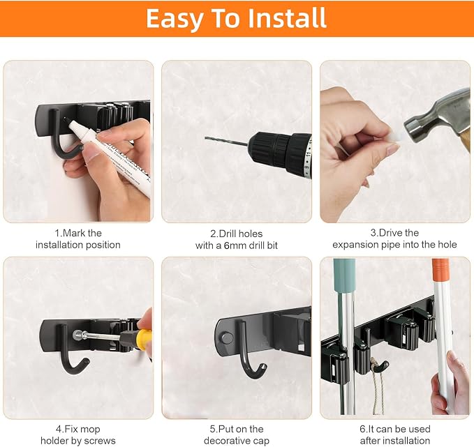 CUXIXA 2 Pack Mop and Broom Holder Wall Mount, Non-slip Broom Hanger Wall Mount, Heavy Duty Mop Broom Organizer for Kitchen Garden Garage Laundry Room Wall Decor Organization and Storage Black 3R4H