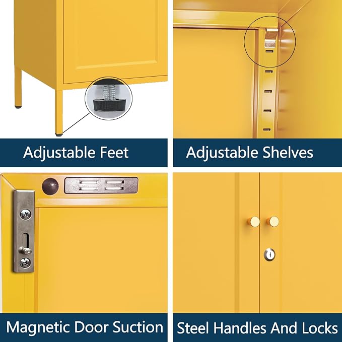Metal Storage Locker with Djustable Shelves 36" H Lockable Modern Lockers Home Organization Cabinet 2-Door Durable Metal Cabinet for Bedroom Entrance Yellow 36" H X 31.5" W X 13.8" D
