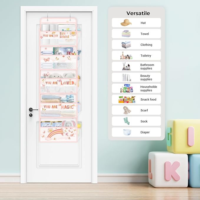 Clastyle Over the Door Organizer Diaper Toy Nursery Hanging Shelf, Rainbow | Cloud Butterfly, 5-Tier Clear Window Mesh Pocket 44 lbs Weight Capacity, Behind Door Storage, Bedroom Bathroom Closet Pantry
