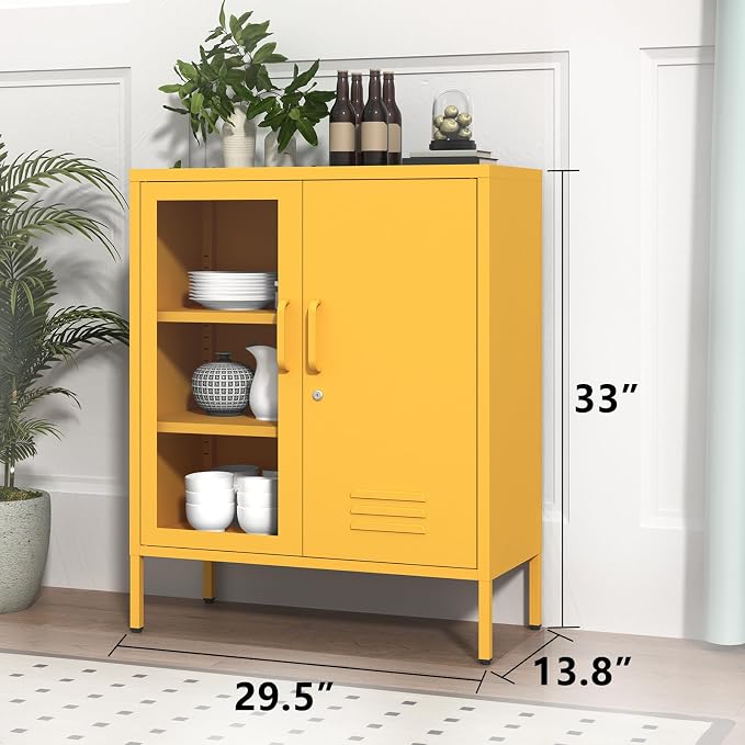 Metal Storage Sideboard with Lock, 33" H 2 Door Storage Cabinets with Adjustable Shelves, Durable Metal Accet Cabinet for Living Room Bedroom Entryway Yellow